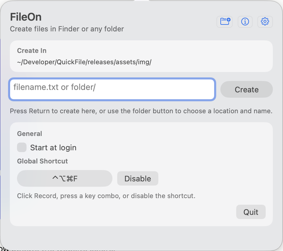 FileOn settings: start at login and global shortcut